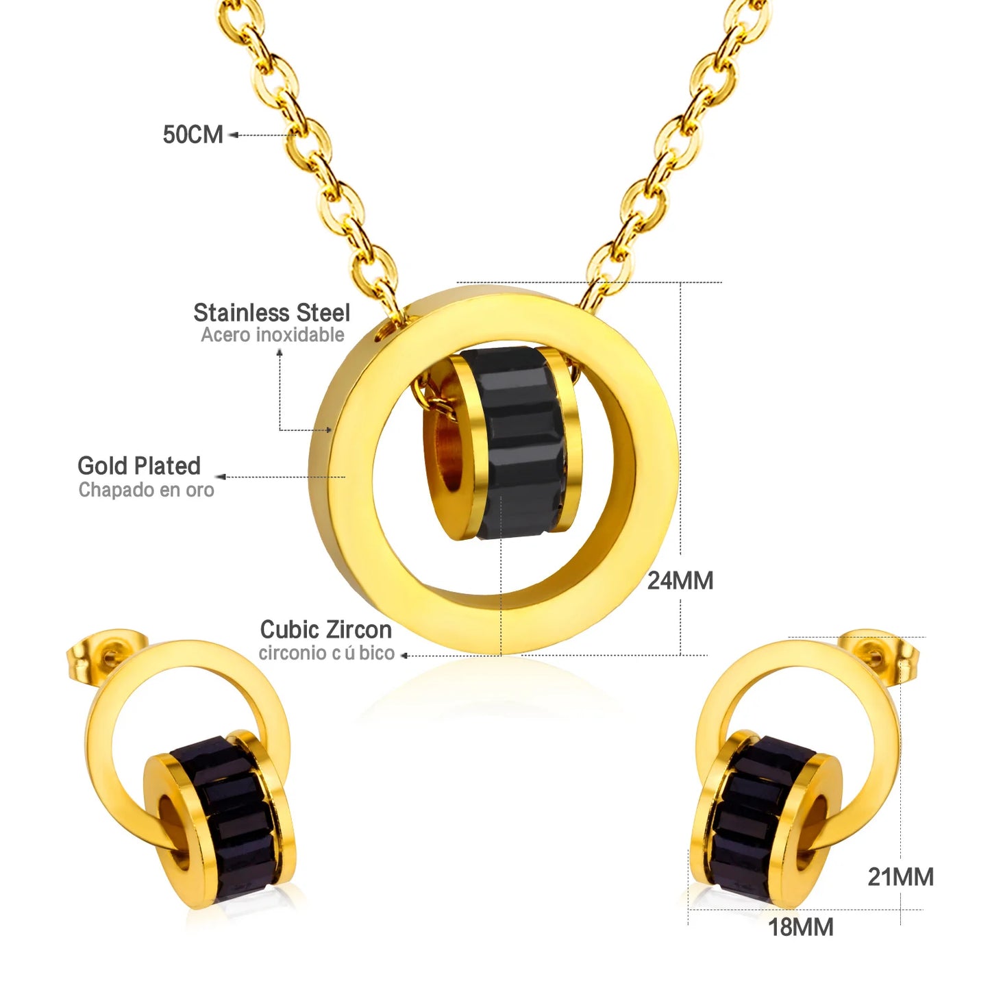 LUXUSTEE Schmuck Sets Edelstahl Aushöhlen Runde Anhänger Mit Schwimm Charme Schwarz Kristall Halskette Ohrring Sets Bijoux