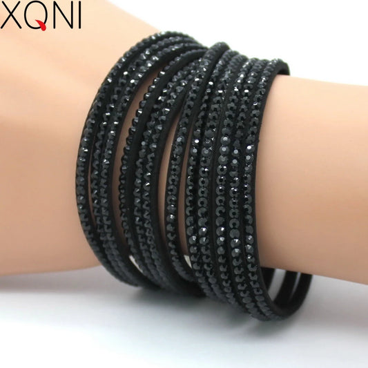XQNI Marke Schmuck Schwarz Kristall Leder Armbänder Frauen Armreifen Trendy Mosaik Marke Strass Klassische Mädchen Charme Armbänder.