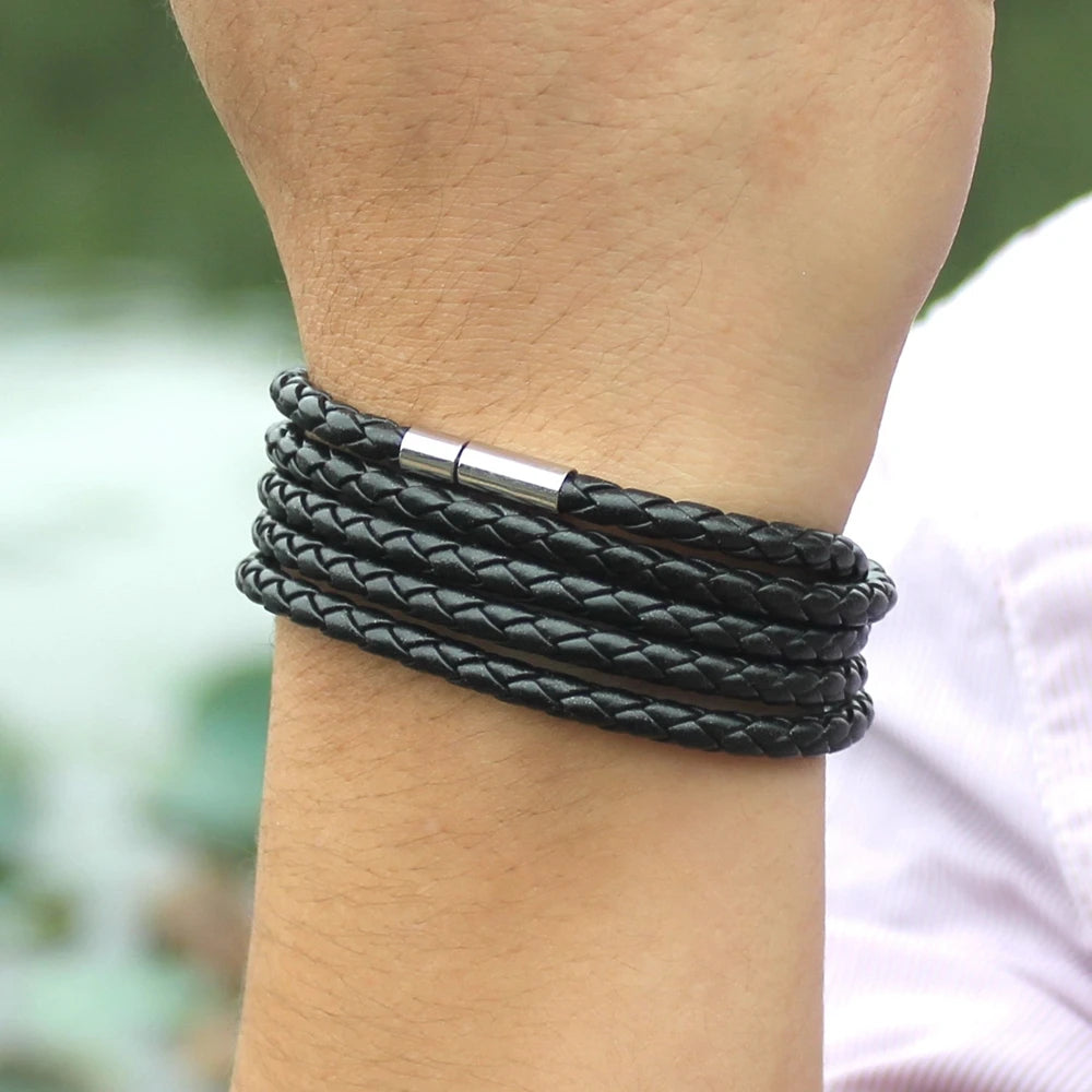 XQNI Marke schwarz Retro Wrap langes Lederarmband Männer Armreifen Mode sproty Kettenverbindung männliches Bettelarmband mit 5 Runden