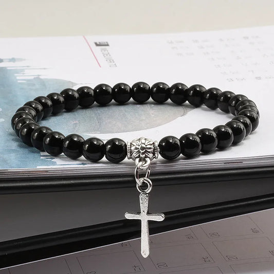 6mm Boho Natürliche Blaue Perlen Armband Männer Kreuz Anhänger Schwarz Vulkanstein Strang Armbänder für Frauen Charme Mode Schmuck