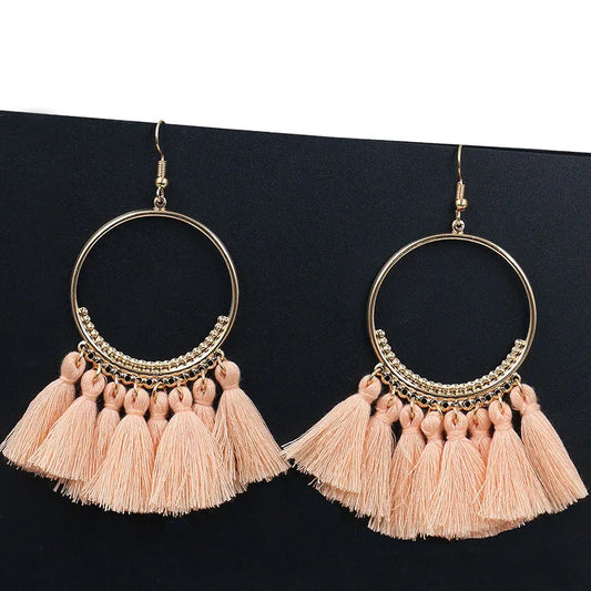 LOVBEAFAS Böhmischen Lange Schwarz Quaste Ohrringe Für Frauen Vintage Gold Farbe Runde Ohrringe Baumwolle Seil Fringe Schmuck Geschenk