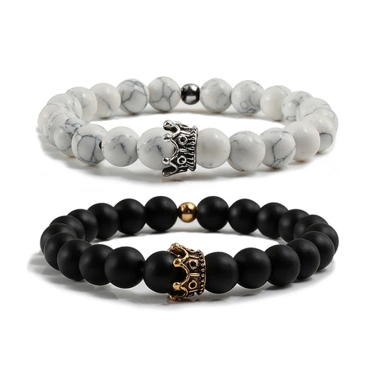 Charme Naturstein Schmuck Perlen Armbänder Paar Schwarze Krone Armband Männer mit Kupfer Perlen Armreif Frauen pulsera dorada