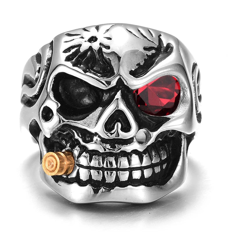 ZRM Mode Gold Rauchen Rohr Biker männer Ringe Rock Punk Schädel Ring Klar Rot Zirkon Auge Überzug Ringe Schmuck für Männer