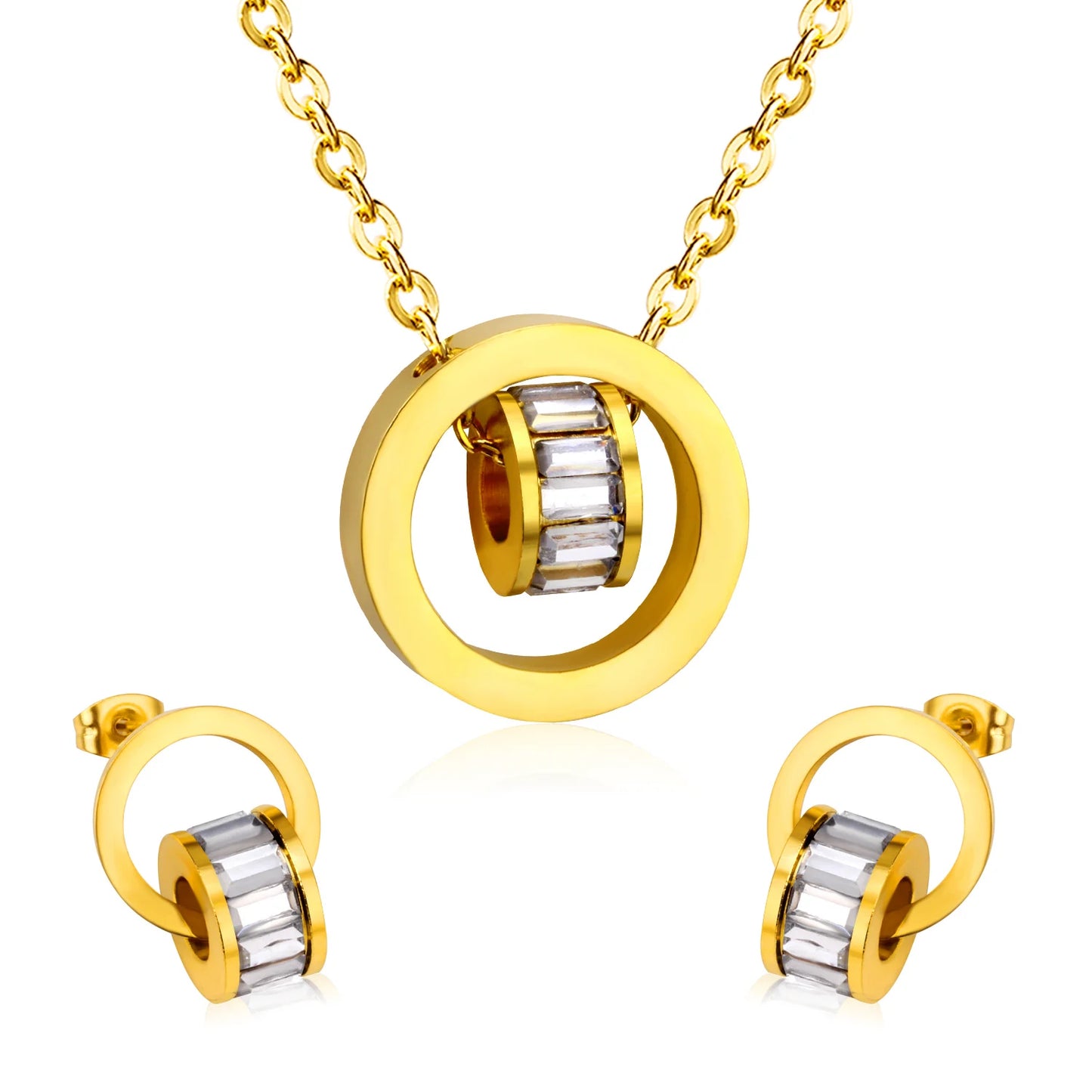 LUXUSTEE Schmuck Sets Edelstahl Aushöhlen Runde Anhänger Mit Schwimm Charme Schwarz Kristall Halskette Ohrring Sets Bijoux