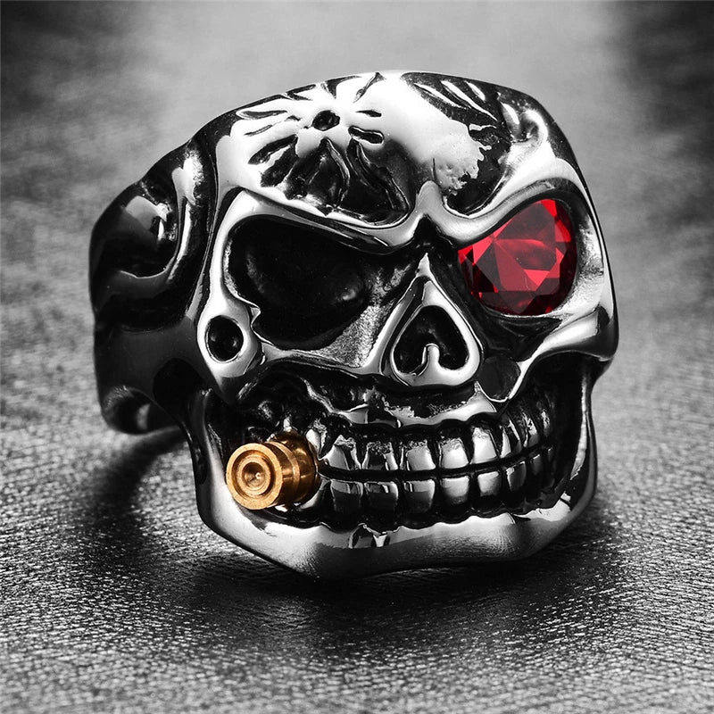 ZRM Mode Gold Rauchen Rohr Biker männer Ringe Rock Punk Schädel Ring Klar Rot Zirkon Auge Überzug Ringe Schmuck für Männer