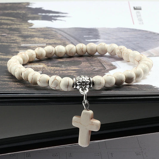 Vintage Kreuz Naturstein 6mm Perlen Armband Charme Männer Blaue Perle Anhänger Strang Armbänder Armreifen Frauen Mode Schmuck Geschenke