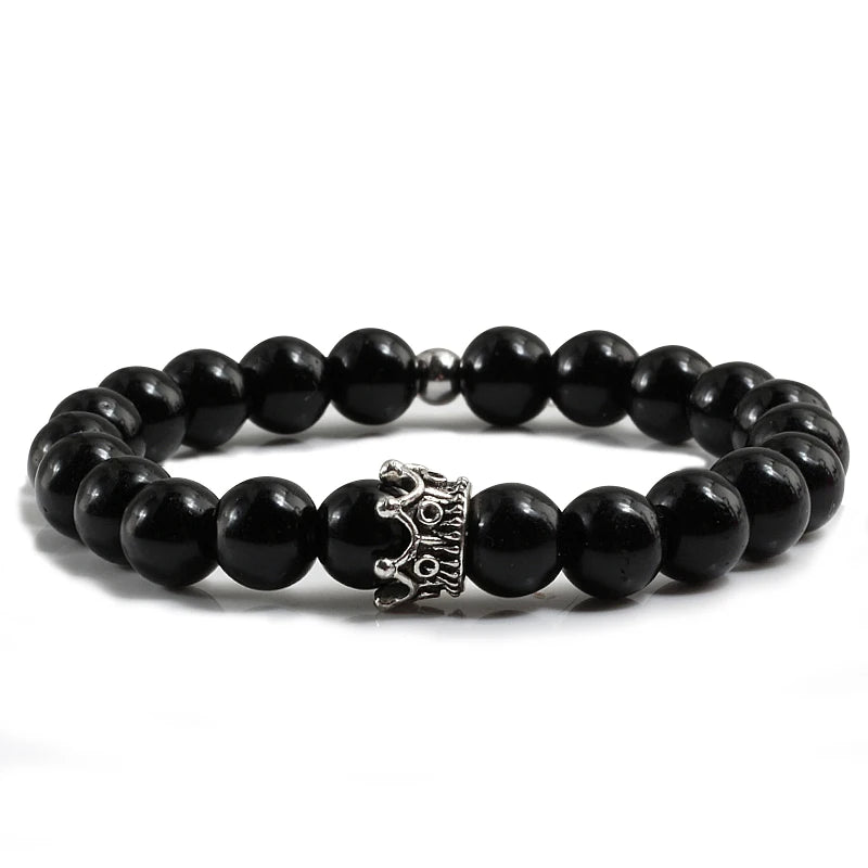 Charme Naturstein Schmuck Perlen Armbänder Paar Schwarze Krone Armband Männer mit Kupfer Perlen Armreif Frauen pulsera dorada