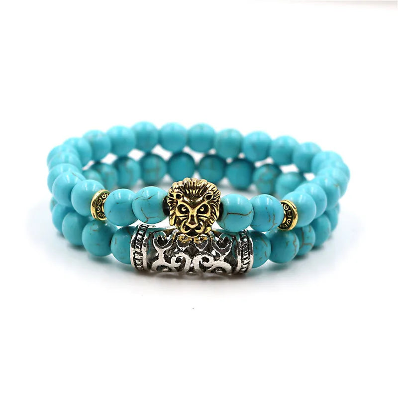 MKENDN Hot 2 Stück/Set Antiker Buddha Löwe Löwenkopf Charm mit Lava Onyx Naturstein Perlen Armband Set Packung für Männer Frauen