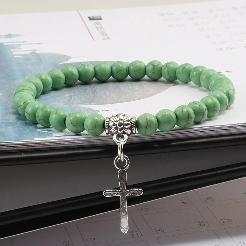 6mm Boho Natürliche Blaue Perlen Armband Männer Kreuz Anhänger Schwarz Vulkanstein Strang Armbänder für Frauen Charme Mode Schmuck