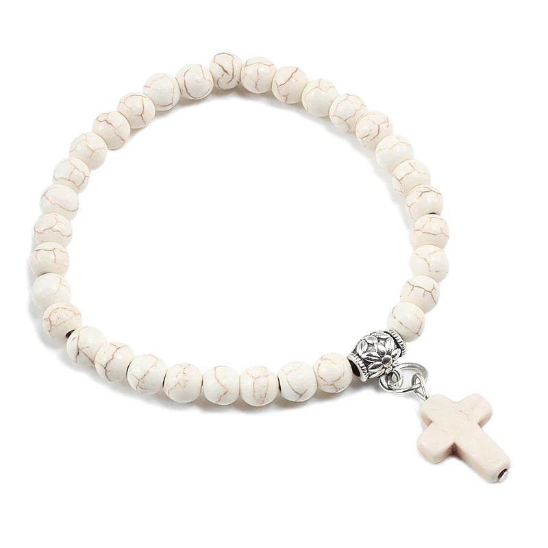 Gebetsarmband, 6 mm, Onyx, Natursteinperlen, Religion, Jesus, Kreuz, Anhänger, Armbänder, Armreifen für Männer und Frauen, Yoga, Freundschaftsschmuck