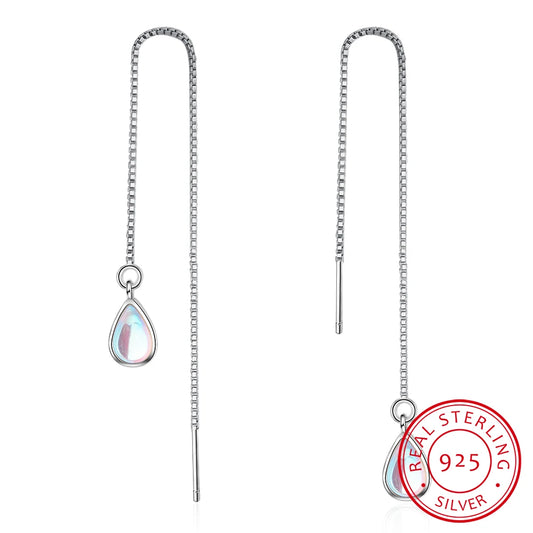 Mondstein Wasser Tropfen Lange Quaste Ohrringe Für Frauen 925 stempel silber farbe Ohr Kette Boucle D'oreille Ohrringe S-e654