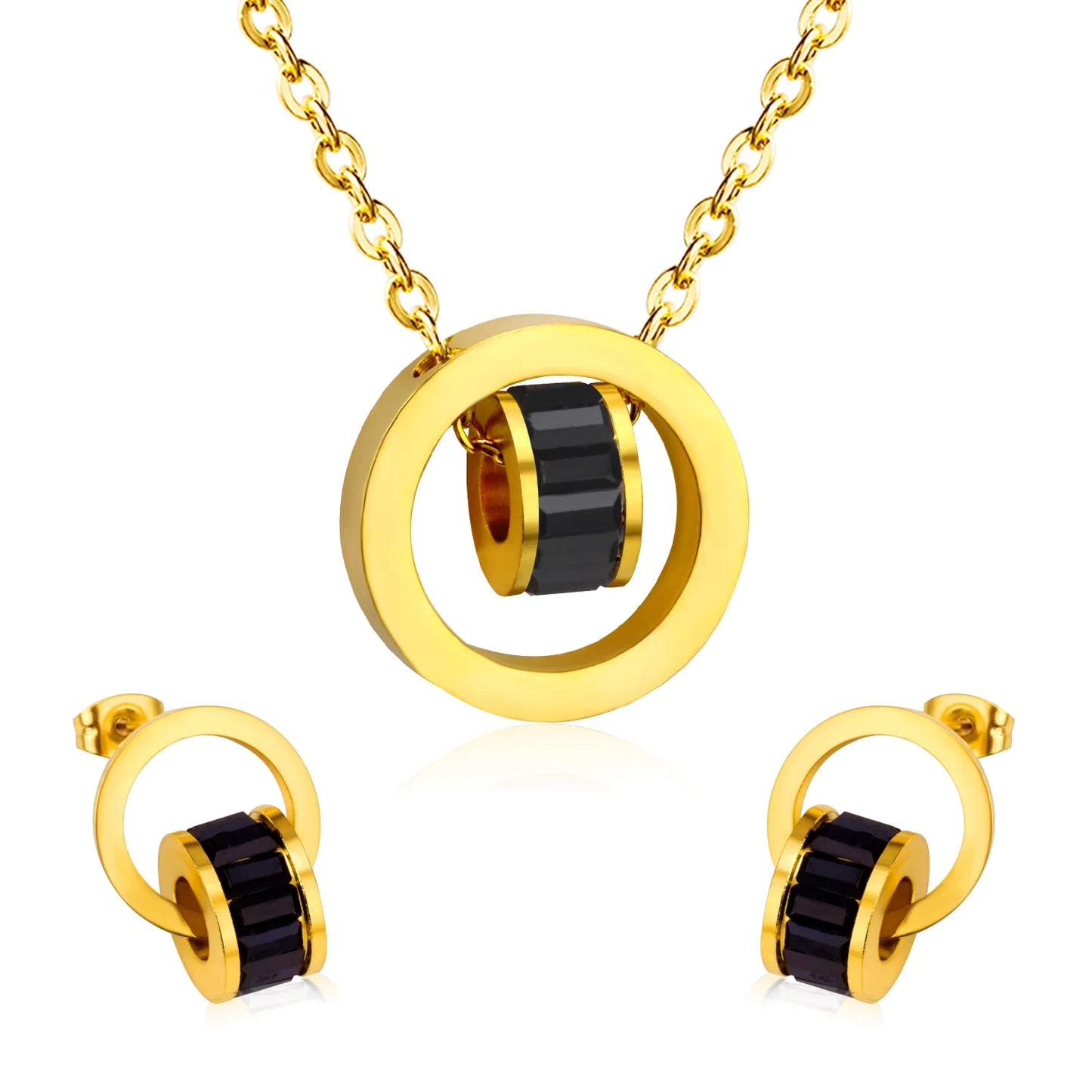 LUXUSTEE Schmuck Sets Edelstahl Aushöhlen Runde Anhänger Mit Schwimm Charme Schwarz Kristall Halskette Ohrring Sets Bijoux