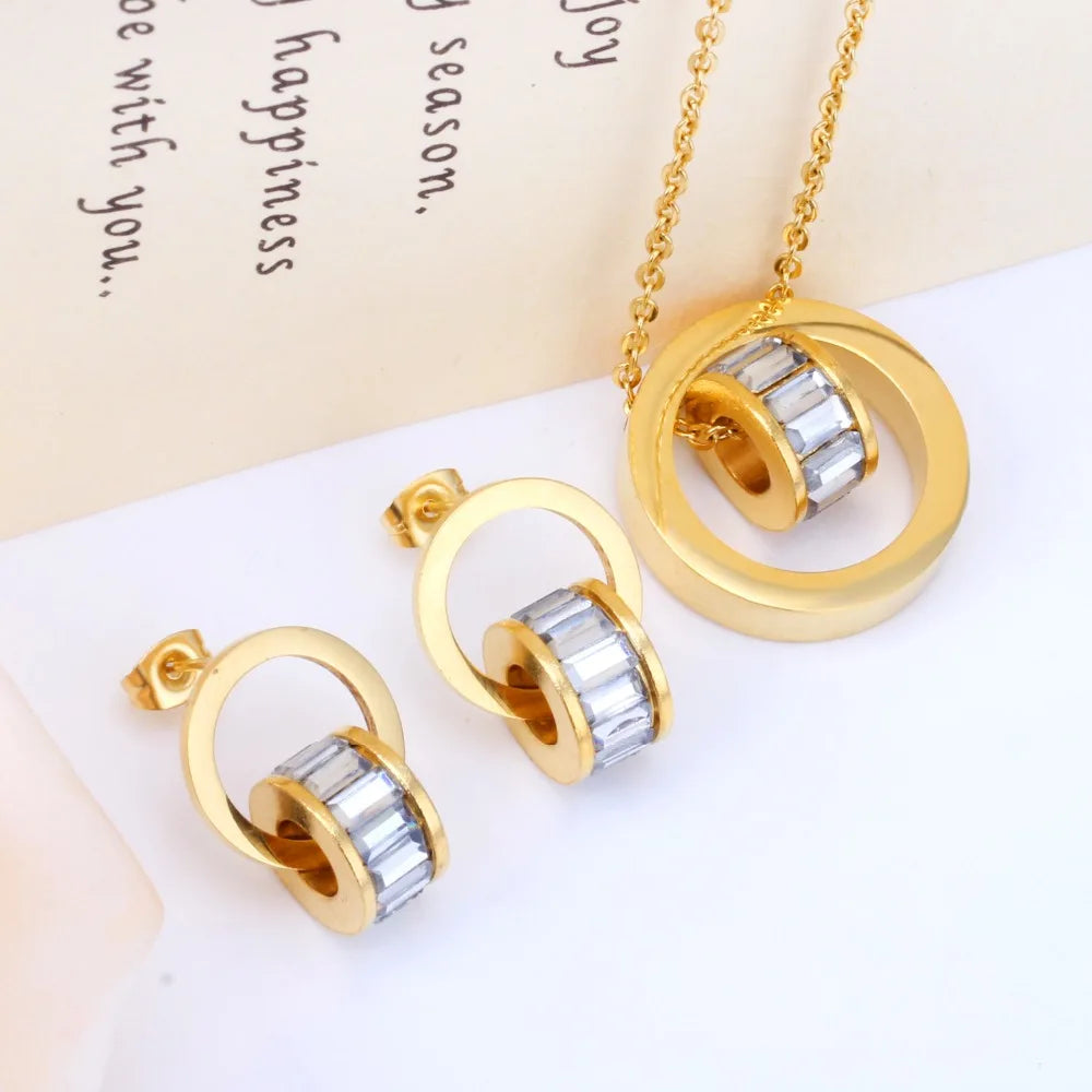 LUXUSTEE Schmuck Sets Edelstahl Aushöhlen Runde Anhänger Mit Schwimm Charme Schwarz Kristall Halskette Ohrring Sets Bijoux
