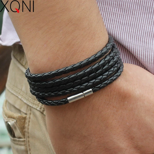 XQNI Marke schwarz Retro Wrap langes Lederarmband Männer Armreifen Mode sproty Kettenverbindung männliches Bettelarmband mit 5 Runden