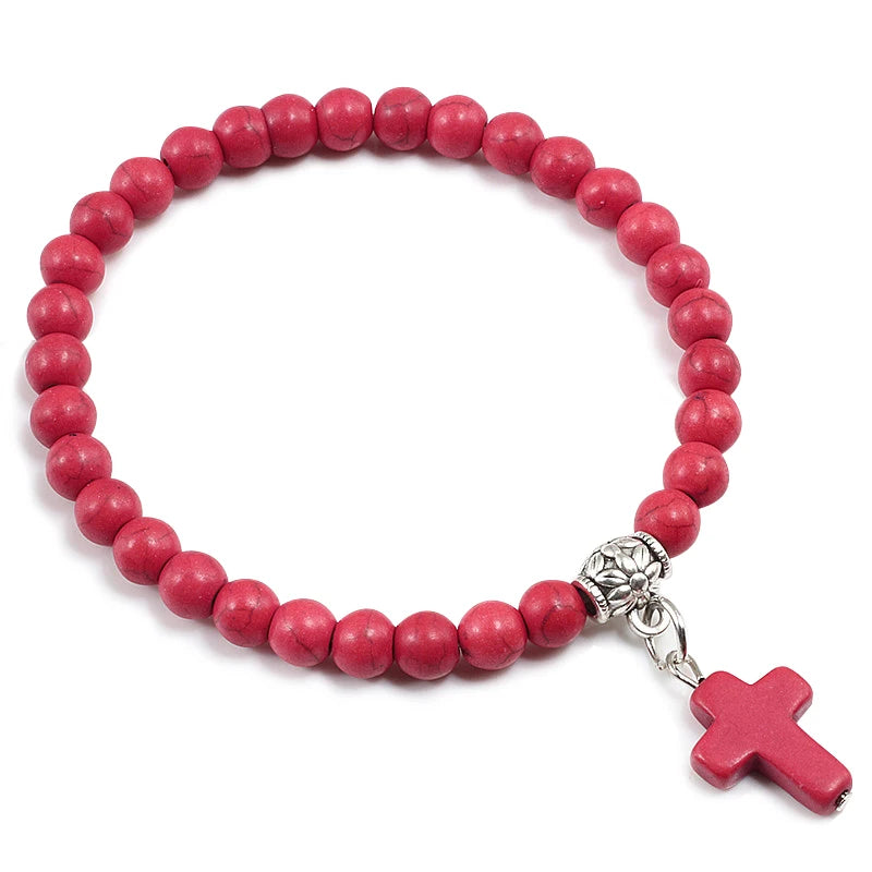 Gebetsarmband, 6 mm, Onyx, Natursteinperlen, Religion, Jesus, Kreuz, Anhänger, Armbänder, Armreifen für Männer und Frauen, Yoga, Freundschaftsschmuck