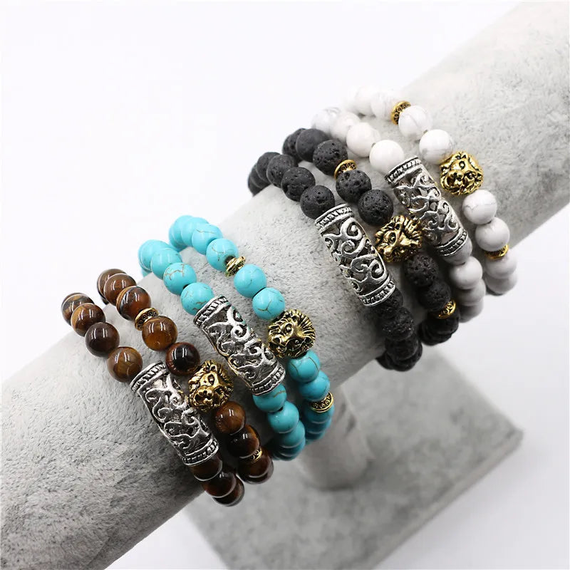 MKENDN Hot 2 Stück/Set Antiker Buddha Löwe Löwenkopf Charm mit Lava Onyx Naturstein Perlen Armband Set Packung für Männer Frauen
