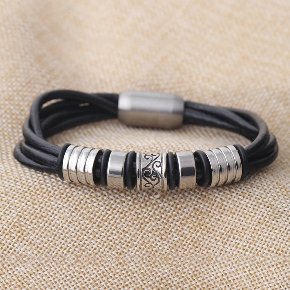 Glück Armband Edelstahl Blume Schwarz Leder Einfache Handmade Echten Geflochtenen Großhandel Leder Armband für Männer