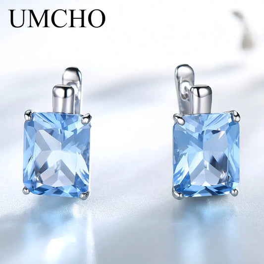 UMCHO Luxus Nano Sky Blue Topas Edelstein Schmuck Solide 925 Sterling Silber Clip Auf Ohrringe Für Frauen Geburtstag Geschenk Mode