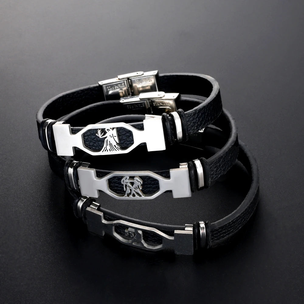 12-Sternbild-Edelstahlarmband für Herren und Damen, Sternzeichen-Armband, schwarz