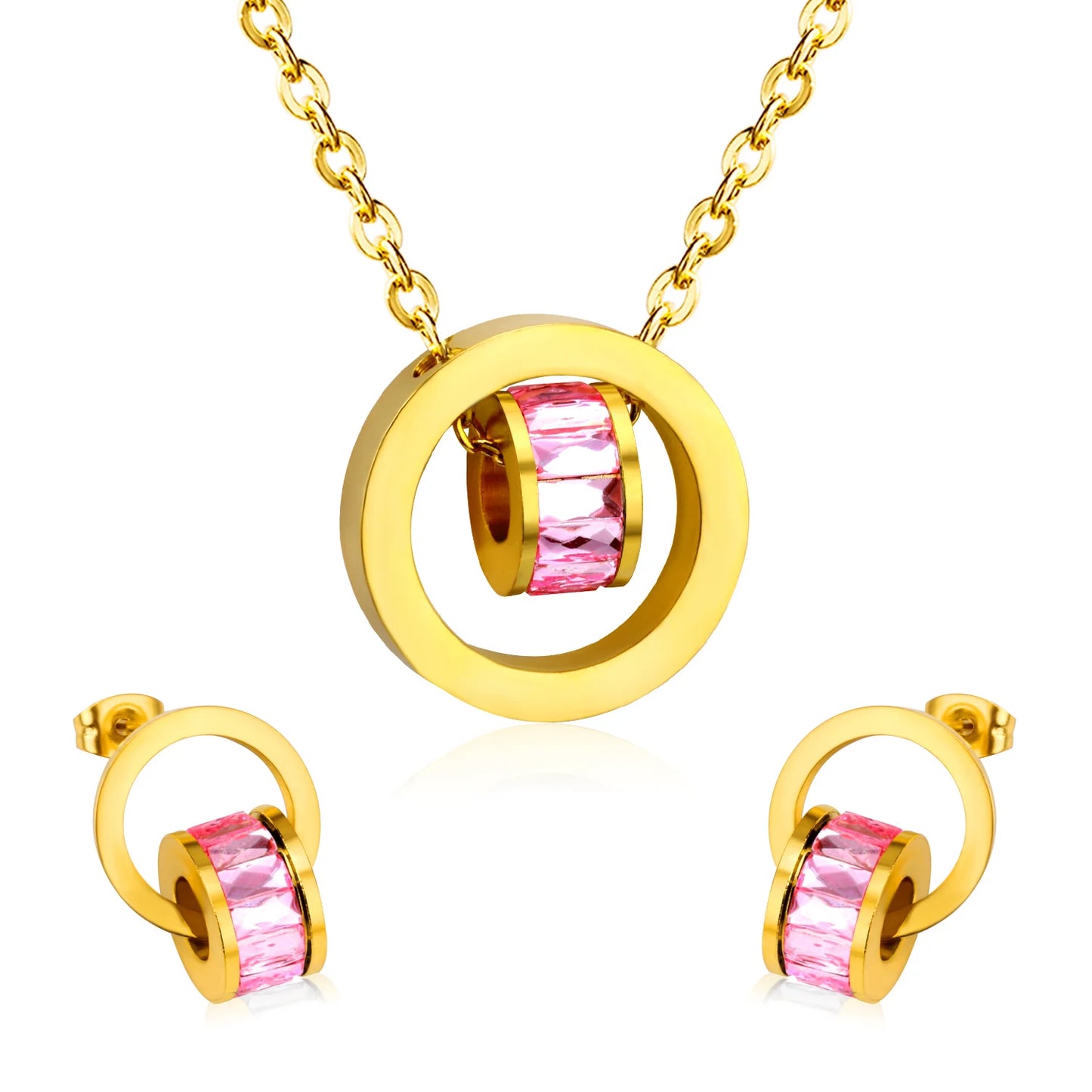 LUXUSTEE Schmuck Sets Edelstahl Aushöhlen Runde Anhänger Mit Schwimm Charme Schwarz Kristall Halskette Ohrring Sets Bijoux