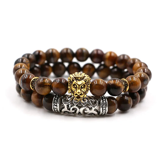MKENDN Hot 2 Stück/Set Antiker Buddha Löwe Löwenkopf Charm mit Lava Onyx Naturstein Perlen Armband Set Packung für Männer Frauen