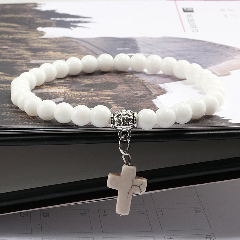 Gebetsarmband, 6 mm, Onyx, Natursteinperlen, Religion, Jesus, Kreuz, Anhänger, Armbänder, Armreifen für Männer und Frauen, Yoga, Freundschaftsschmuck