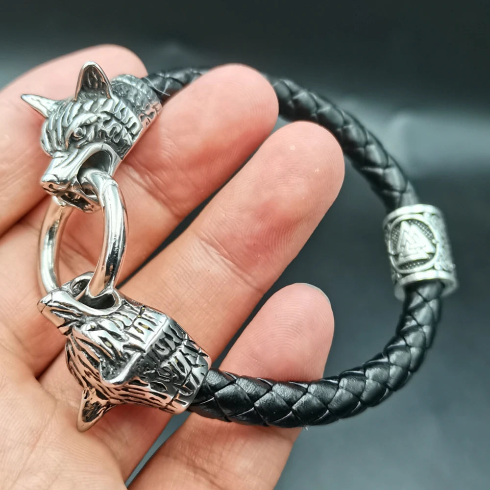 Dropshipping 1 stücke rune perle Wolf Kopf leder Armband Edelstahl viking Armband armreif für Männer schmuck