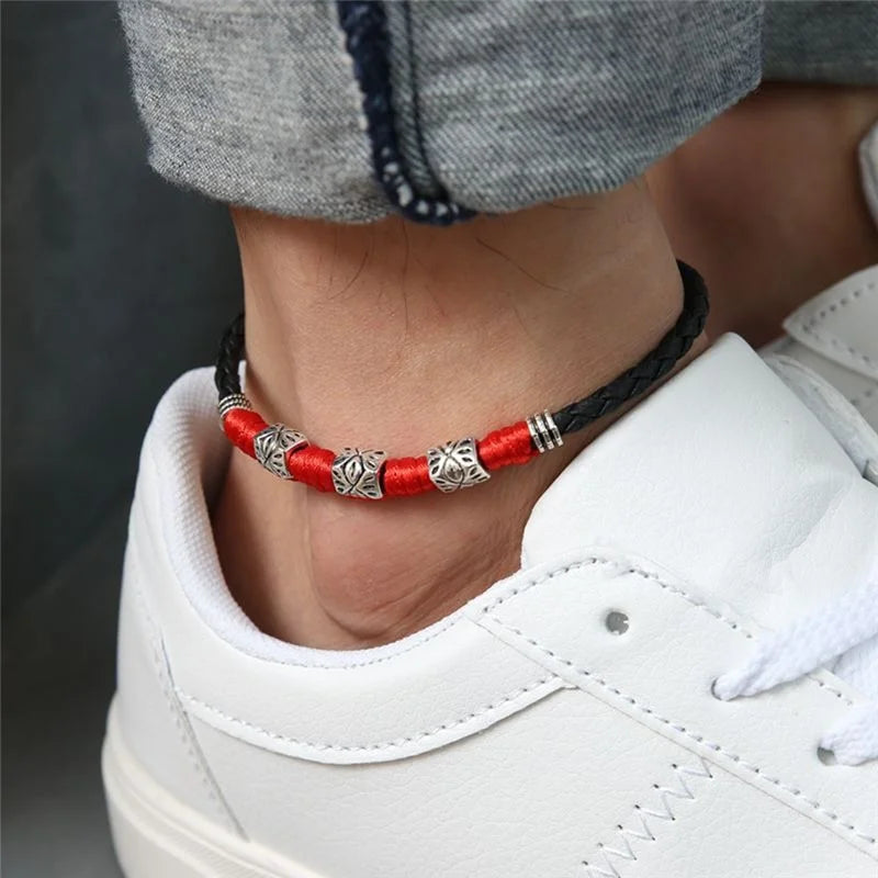 Verstellbare handgemachte coole einfache Blatt-Fußkettchen gewebt verstellbares Seil Glücksfuß-Armband für Frauen Männer Schmuck