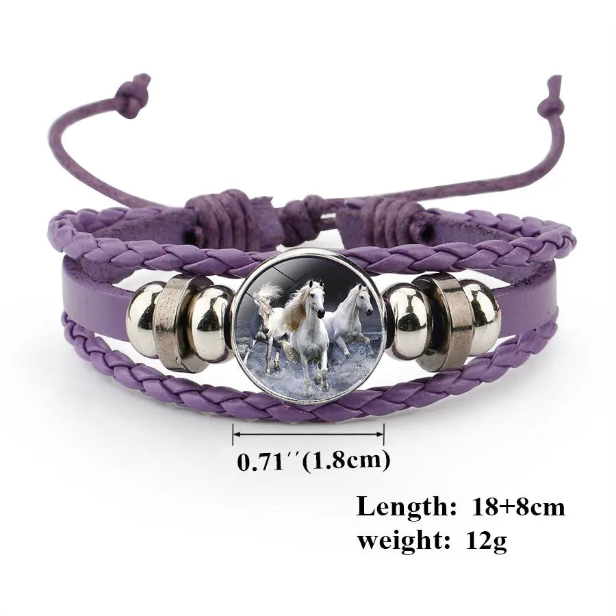 Neue Stil Multi-Farbe Leder Cartoon Pferd Muster Handgemachte Perlen Gewebt Armband Lila Multi-Schicht Pferd Armband