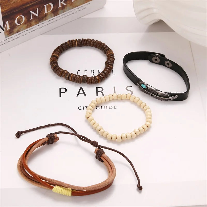 IFMIA Vintage Multi-Schicht Blatt Leder Armbänder für Männer Mode Handgemachte Holz Perlen Geflochtene Wrap Armband Schmuck Geschenk 2019 neue