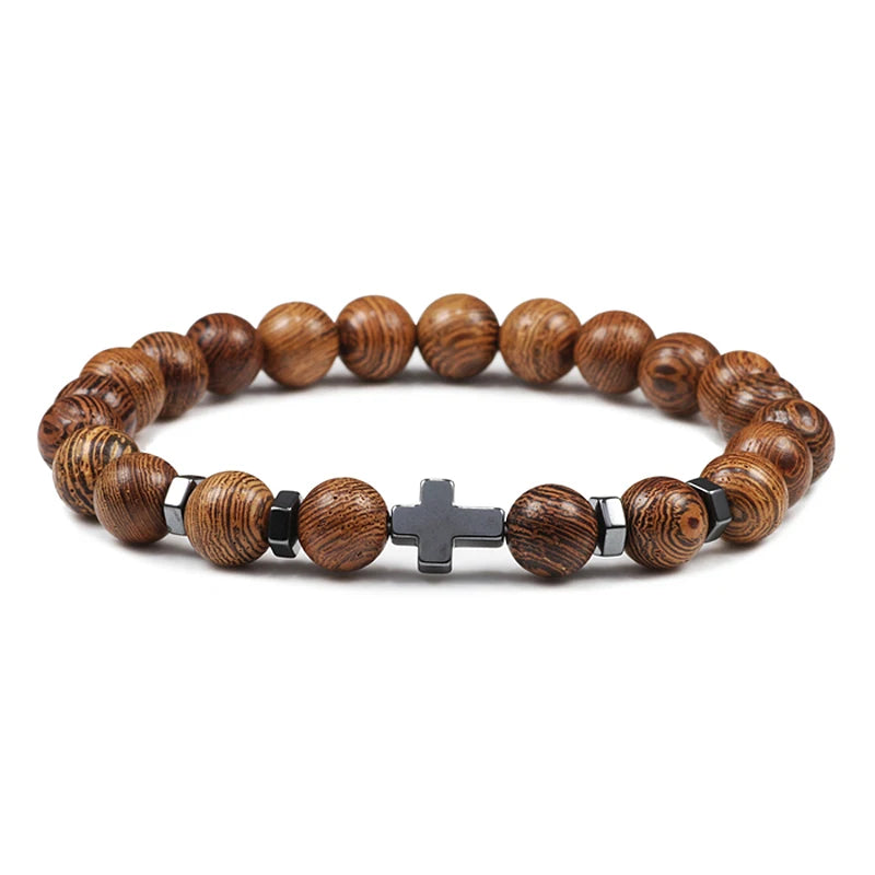 Gebet Männer Naturstein Holz Perlen Rosenkranz Hämatit Kreuz Armbänder Onyx Meditation Armband Frauen Yoga Schmuck Homme Pulsera