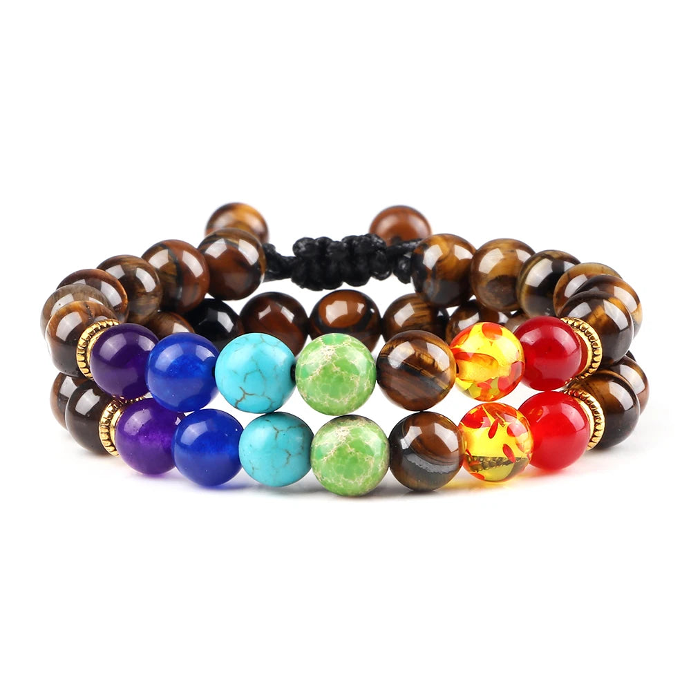2 Stücke Naturstein 7 Chakra Heilung Perlen Einstellbare Geflochtene Armbänder Männer 8mm Lava Stretch-armband Frauen Reiki Buddha Schmuck
