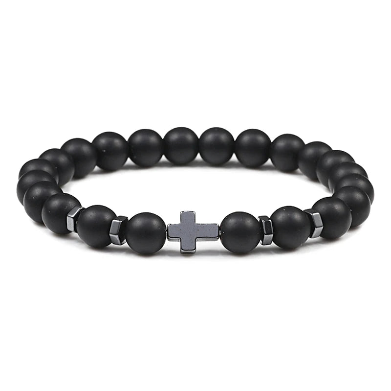 Gebet Männer Naturstein Holz Perlen Rosenkranz Hämatit Kreuz Armbänder Onyx Meditation Armband Frauen Yoga Schmuck Homme Pulsera