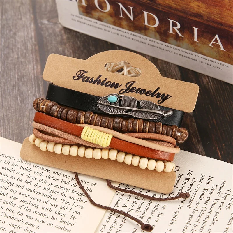 IFMIA Vintage Multi-Schicht Blatt Leder Armbänder für Männer Mode Handgemachte Holz Perlen Geflochtene Wrap Armband Schmuck Geschenk 2019 neue