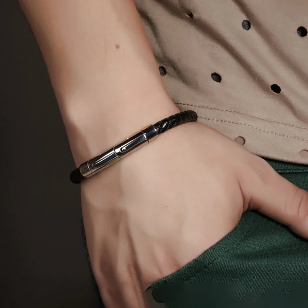 Männer Neue Schmuck Aus Echtem Leder Edelstahl Wrap Armband Magnet Verschluss Armband Armreif
