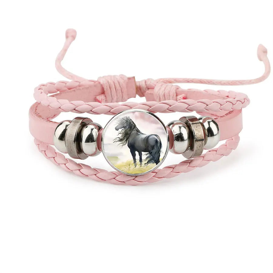 Neue Stil Multi-Farbe Leder Cartoon Pferd Muster Handgemachte Perlen Gewebt Armband Lila Multi-Schicht Pferd Armband