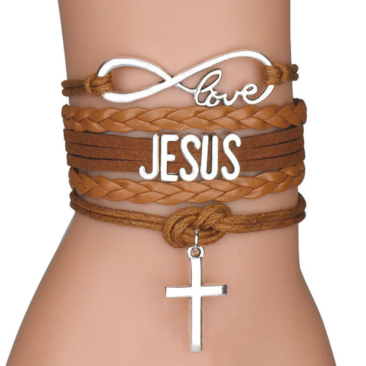 Mehrschichtiges Lederarmband „Jesus Loves Letter“, mehrschichtiges Wickelkreuz, christliche Lederarmbänder für Männer und Frauen, klassischer Schmuck