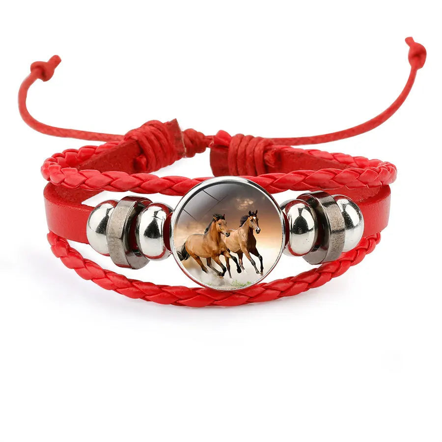 Neue Stil Multi-Farbe Leder Cartoon Pferd Muster Handgemachte Perlen Gewebt Armband Lila Multi-Schicht Pferd Armband
