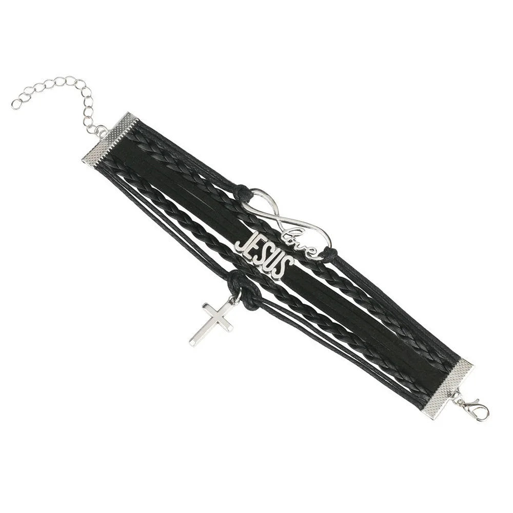 Mehrschichtiges Lederarmband „Jesus Loves Letter“, mehrschichtiges Wickelkreuz, christliche Lederarmbänder für Männer und Frauen, klassischer Schmuck