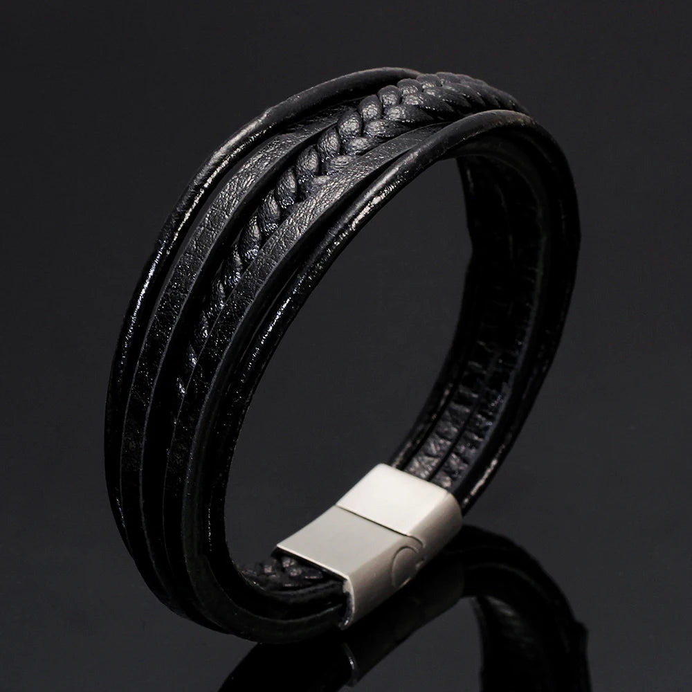 Fünf-runden männer leder armband männer schwarz braun edelstahl unendliche charme echt leder armband mode schmuck