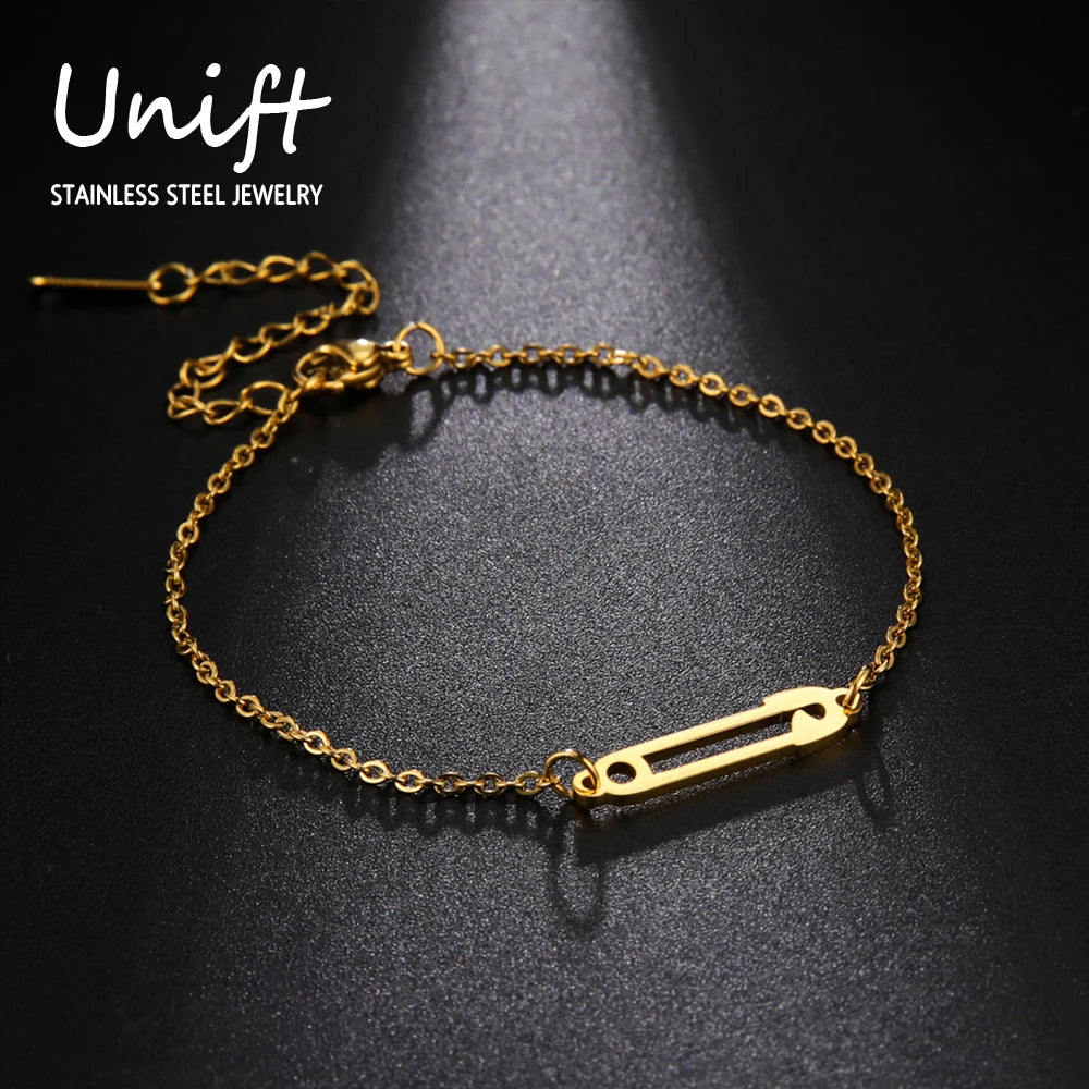 Unift Edelstahl-Pin-Armband für Damen, goldfarben, Büroklammer, Sicherheitsnadel, Gliederkette, trendiges, minimalistisches Schmuckzubehör