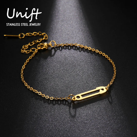 Unift Edelstahl-Pin-Armband für Damen, goldfarben, Büroklammer, Sicherheitsnadel, Gliederkette, trendiges, minimalistisches Schmuckzubehör
