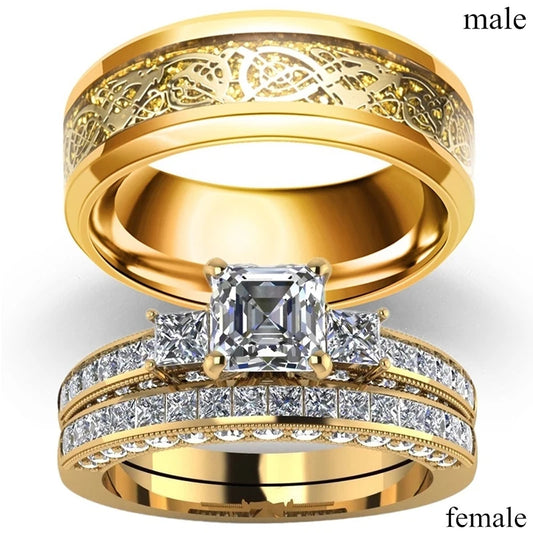 Charme Gold-Farbe Paar Ringe-männer Edelstahl Drachen Muster Ringe frauen Weiß Zirkon Ring Set braut Hochzeit Schmuck