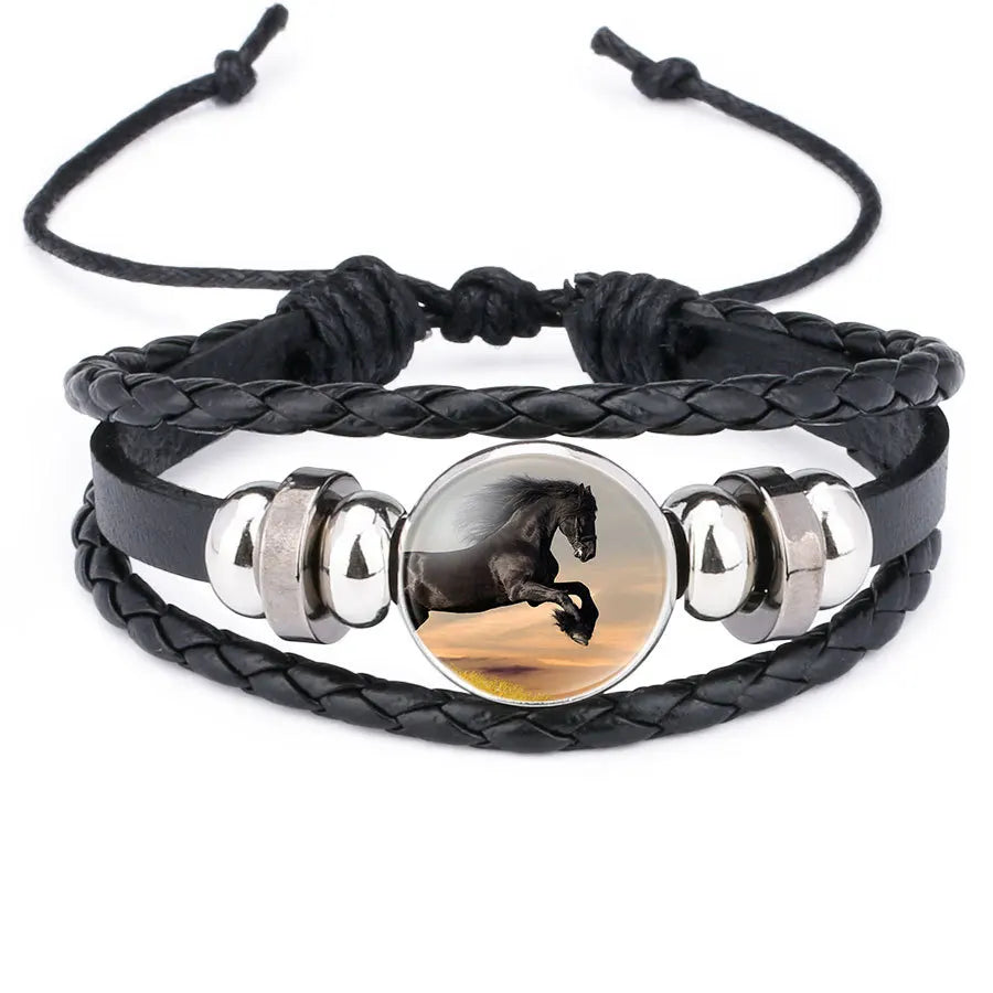 Neue Stil Multi-Farbe Leder Cartoon Pferd Muster Handgemachte Perlen Gewebt Armband Lila Multi-Schicht Pferd Armband