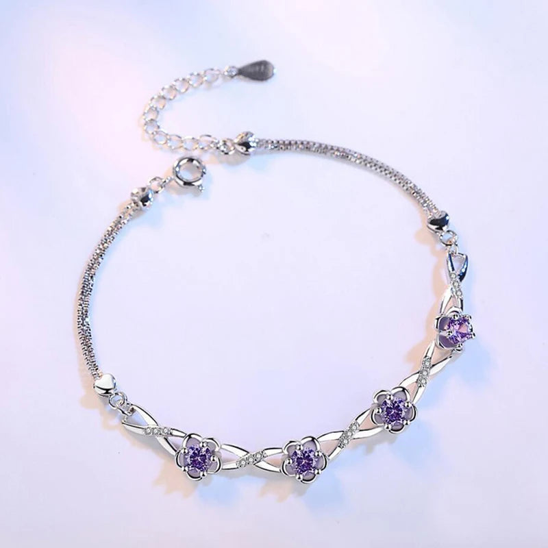 Luxuriöse Armbänder aus 925er-Sterlingsilber, violett, weißer Zirkonia, Pflaumenblüten-Armbänder und Armreifen für Frauen, Pulseira de Prata S-B51