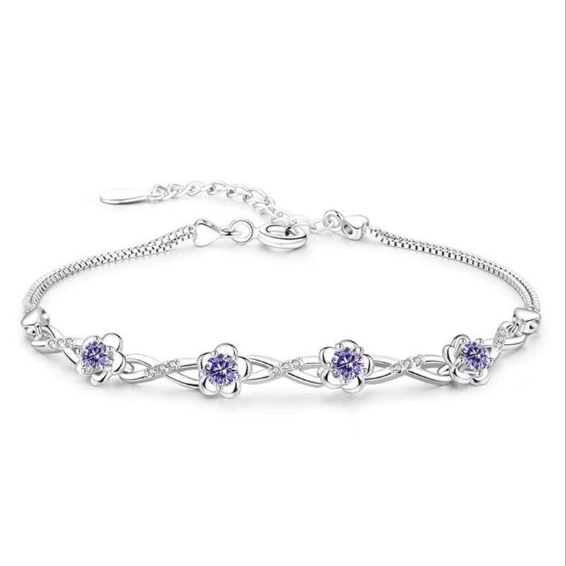 Luxuriöse Armbänder aus 925er-Sterlingsilber, violett, weißer Zirkonia, Pflaumenblüten-Armbänder und Armreifen für Frauen, Pulseira de Prata S-B51
