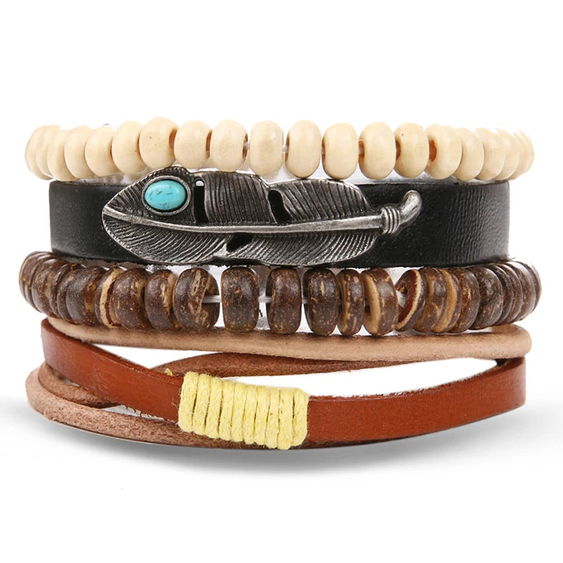 IFMIA Vintage Multi-Schicht Blatt Leder Armbänder für Männer Mode Handgemachte Holz Perlen Geflochtene Wrap Armband Schmuck Geschenk 2019 neue