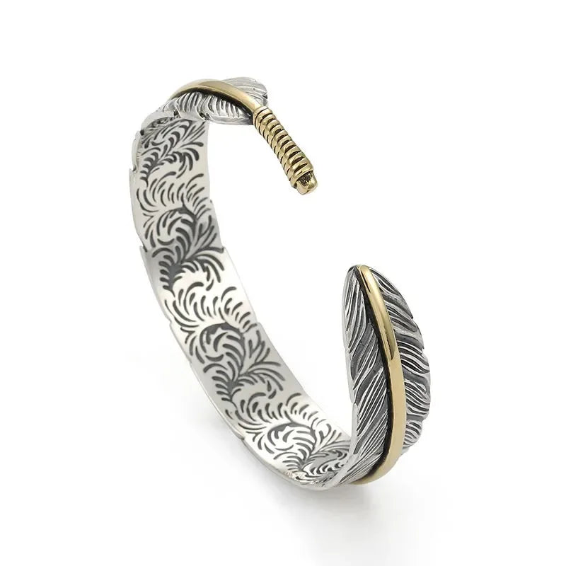 Silberfarbenes Feder-Manschettenarmband für Männer und Frauen, Vintage-verstellbares Armband, Armreif, Modeschmuck