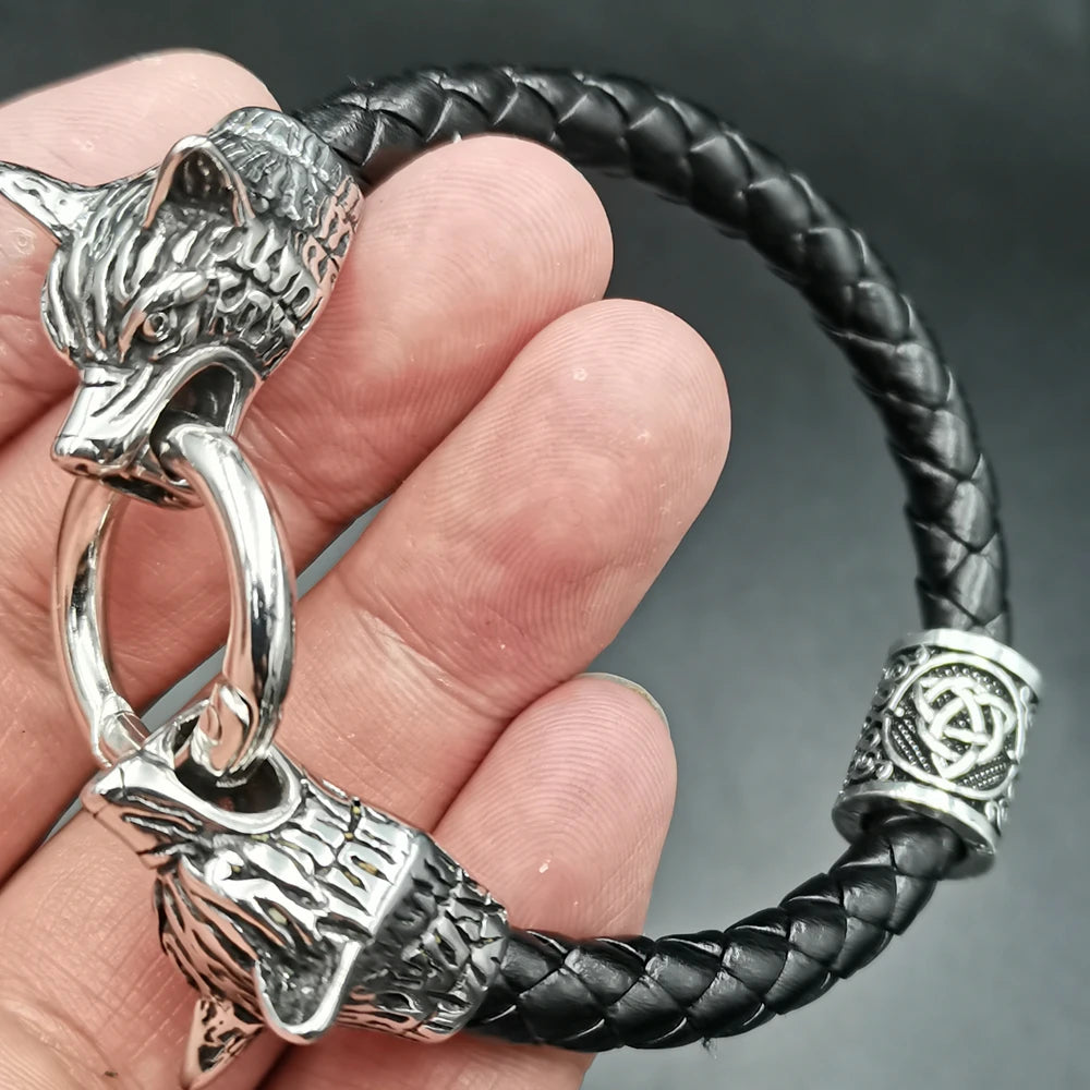 Dropshipping 1 stücke rune perle Wolf Kopf leder Armband Edelstahl viking Armband armreif für Männer schmuck