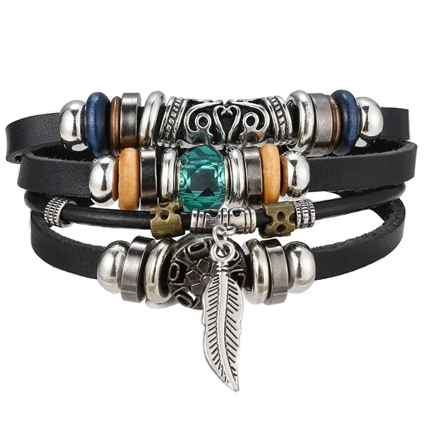 IFMIA Vintage Multi-Schicht Blatt Leder Armbänder für Männer Mode Handgemachte Holz Perlen Geflochtene Wrap Armband Schmuck Geschenk 2019 neue